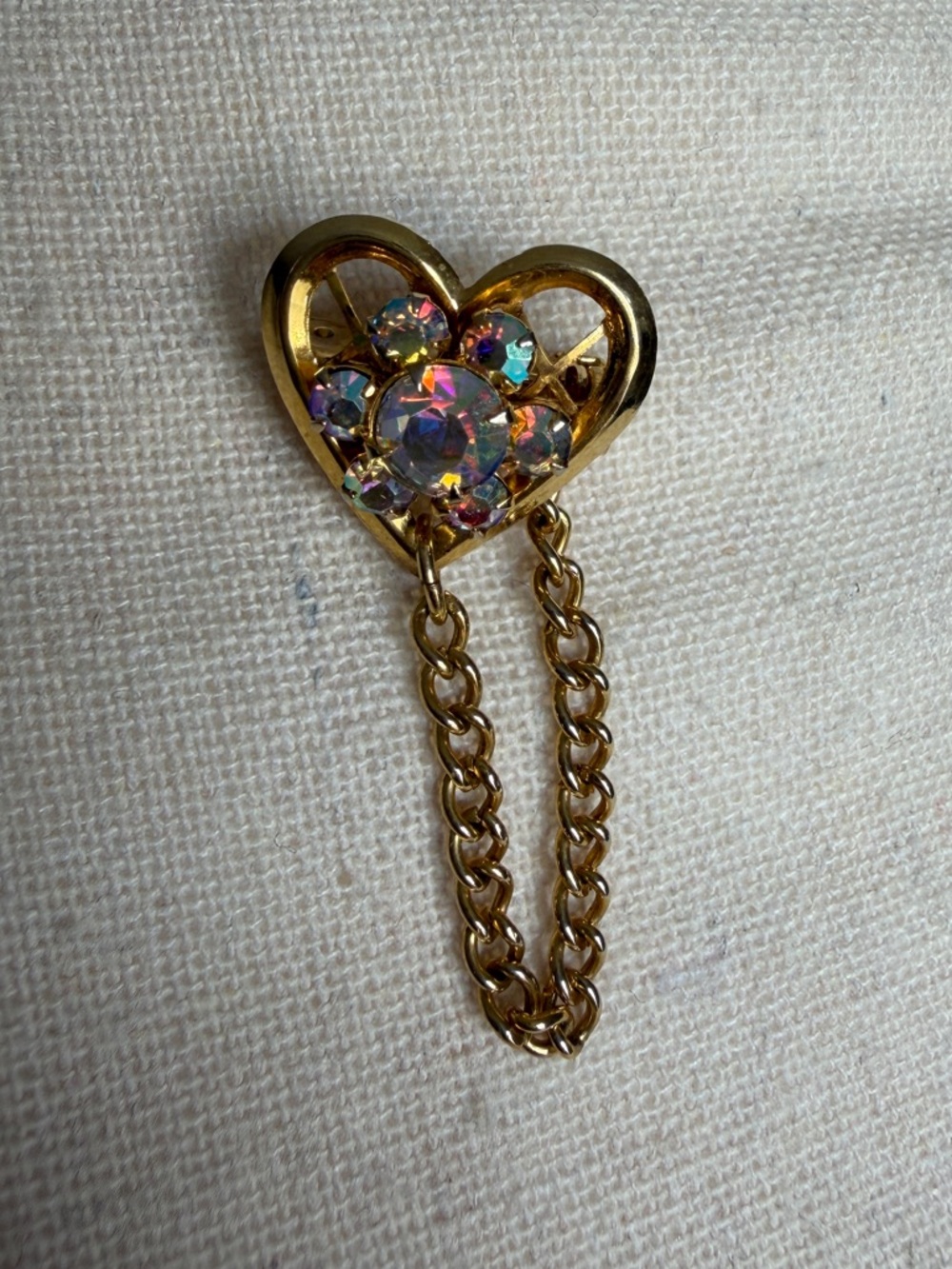 Vintage Gold Heart Brooch with Chain & AB Crystals